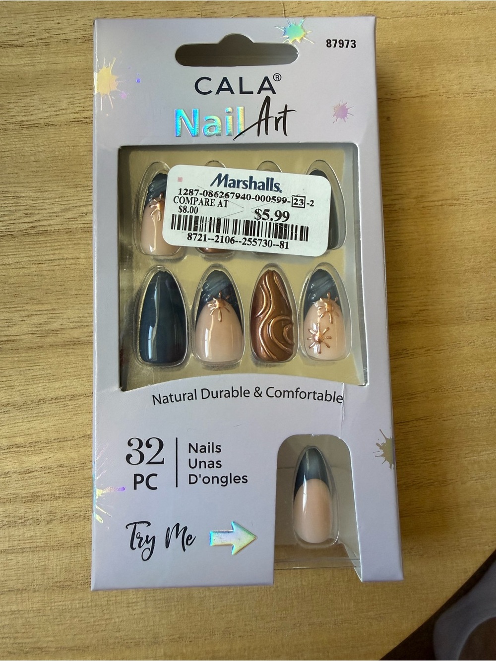 CALA Nail Art Press-On Set — Nude, Black & Brown Accent Nails